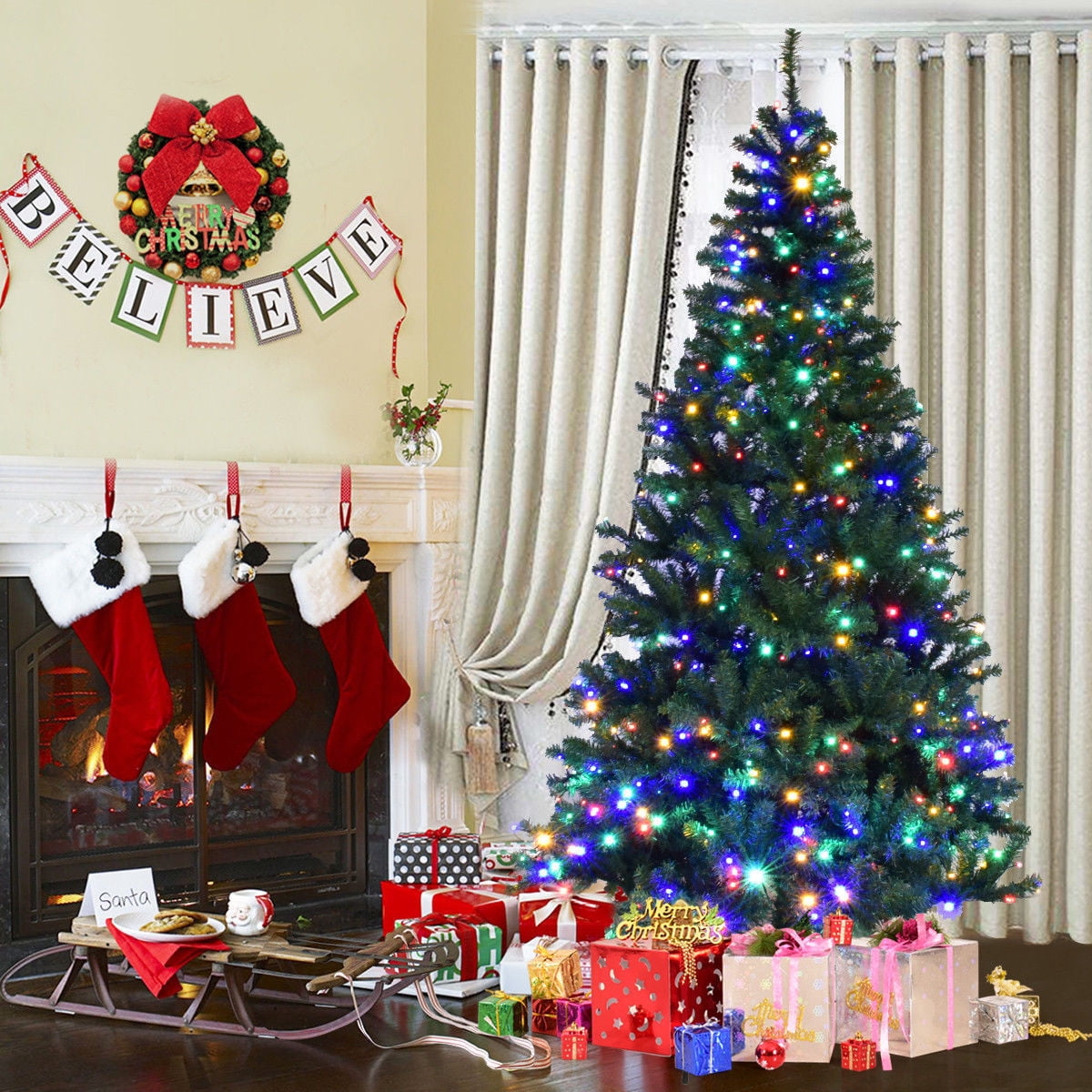 7 foot christmas trees walmart comproduct image costway 7\u0027 pre lit artificial christmas tree premium hinged w 500 led lights
